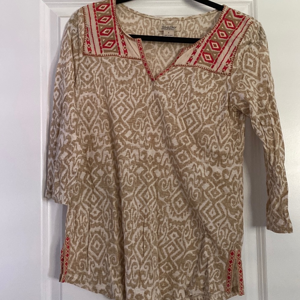 Lucky Brand Womens  Medium Embroidered Boho Split Neck Khaki Blouse Top